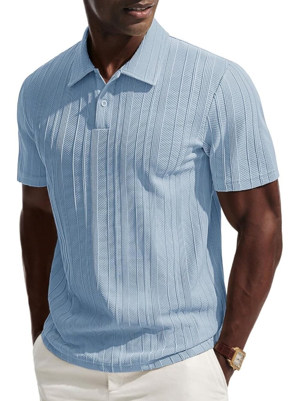 Men's Light Blue Polo Shirts Short Sleeve Casual Textured Knit Collared Golf